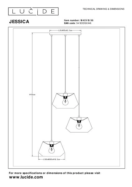 Lucide JESSICA - Hanglamp - Ø 35,5 cm - 3xE27 - Zwart - technisch